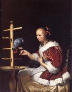 MIERIS, Frans van, the Elder A Woman in a Red Jacket Feeding a Parrot oil on canvas